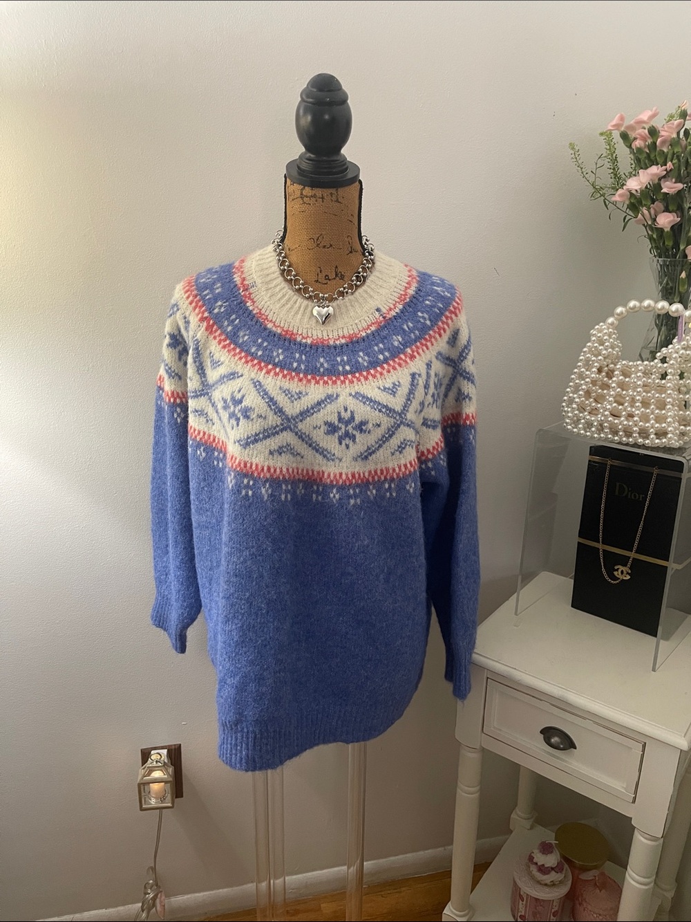 Altar'd State Blue Fair Isle Crewneck Sweater with Cream & Red Yoke